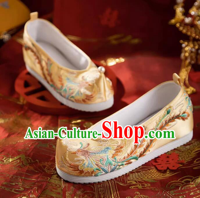 China Ming Dynasty Princess Pearls Shoes Traditional Golden Hanfu Shoes Handmade Embroidered Phoenix Shoes