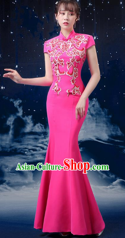 Pink Choir Costume Femininity Stage Performance Costume Conductor Catwalk Cheongsam Skirt Fishtail Blue and White Porcelain Dress