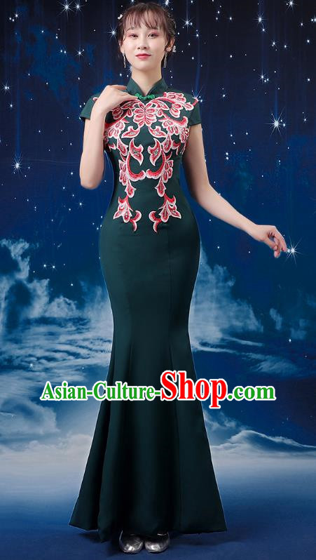 Dark Green Choir Costume Femininity Stage Performance Costume Conductor Catwalk Cheongsam Skirt Fishtail Blue and White Porcelain Dress