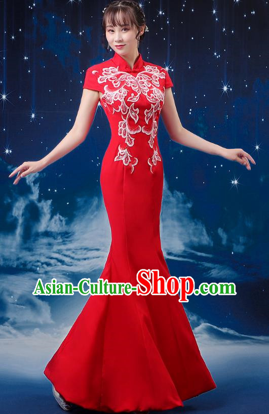 Red Choir Costume Femininity Stage Performance Costume Conductor Catwalk Cheongsam Skirt Fishtail Blue and White Porcelain Dress