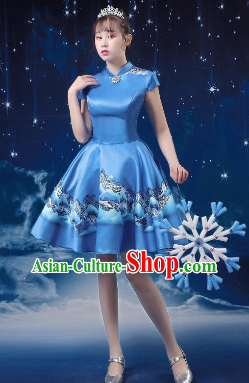 Blue Modern Dance Costume Fashion Opening Dance Tutu Skirt Performance Costume Dancer Skirt Square Dance Costume Women Suit