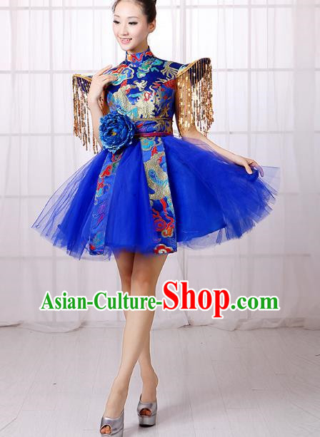 Blue Chinese Style Allegro Dance Costume Adult Water Drum Modern Dance Square Dance Dress Drumming Costume Female