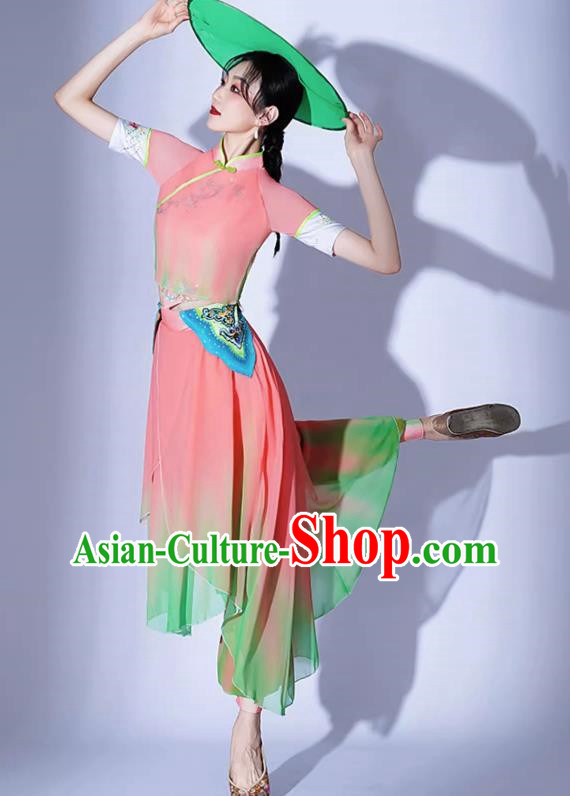 Ikbu Bridge Performance Costume Female Elegant Painting Tea Leisurely Expressive Dance Costume Jiaozhou Yangko Bamboo Hat Group Dance Tea Picking Girl