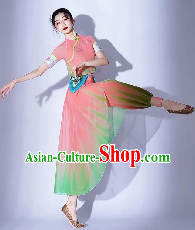 Ikbu Bridge Performance Costume Female Elegant Painting Tea Leisurely Expressive Dance Costume Jiaozhou Yangko Bamboo Hat Group Dance Tea Picking Girl