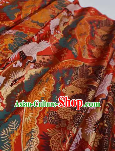 Red Traditional Brocade Fabric Japanese Classical Crane Pattern Design Nishijin Cloth Kimono Drapery