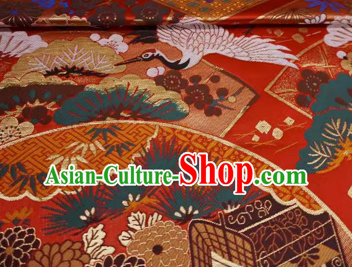 Red Traditional Brocade Fabric Japanese Classical Crane Pattern Design Nishijin Cloth Kimono Drapery