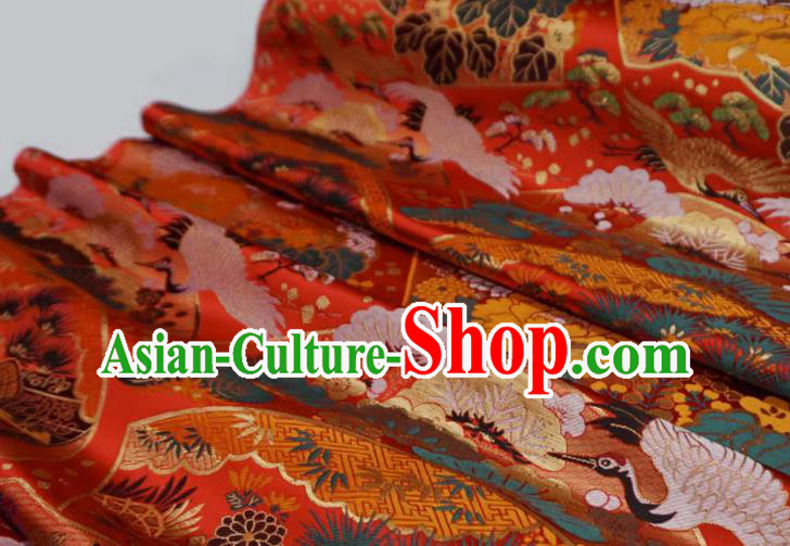 Red Traditional Brocade Fabric Japanese Classical Crane Pattern Design Nishijin Cloth Kimono Drapery