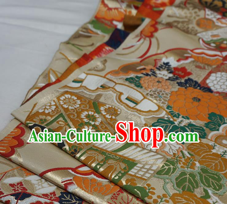 Light Golden Japanese Nishijin Cloth Kimono Material Traditional Brocade Fabric