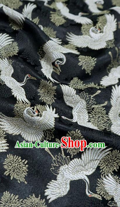 Black Chinese Traditional Brocade Fabric Ancient Hanfu Cloth Classical Cranes Pattern Design Material
