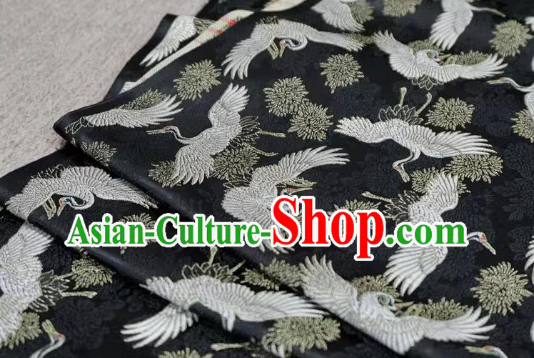 Black Chinese Traditional Brocade Fabric Ancient Hanfu Cloth Classical Cranes Pattern Design Material