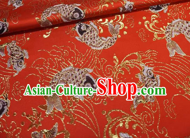 Red Chinese Classical Carps Pattern Material Traditional Design Brocade Fabric New Year Costume Cloth