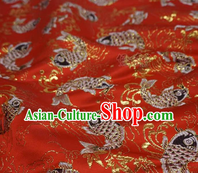 Red Chinese Classical Carps Pattern Material Traditional Design Brocade Fabric New Year Costume Cloth