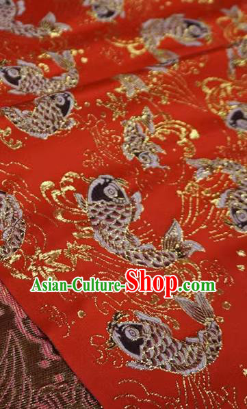 Red Chinese Classical Carps Pattern Material Traditional Design Brocade Fabric New Year Costume Cloth