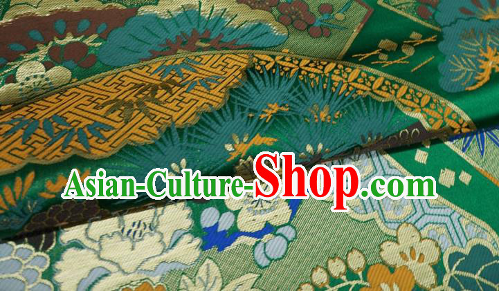 Green Japanese Classical Crane Pattern Design Nishijin Cloth Kimono Drapery Traditional Brocade Fabric