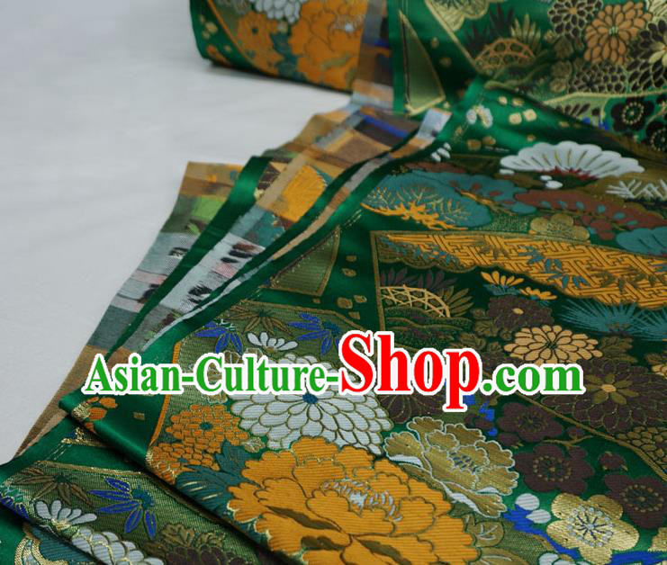 Green Japanese Classical Crane Pattern Design Nishijin Cloth Kimono Drapery Traditional Brocade Fabric