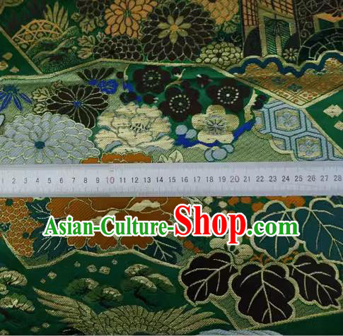 Green Japanese Classical Crane Pattern Design Nishijin Cloth Kimono Drapery Traditional Brocade Fabric