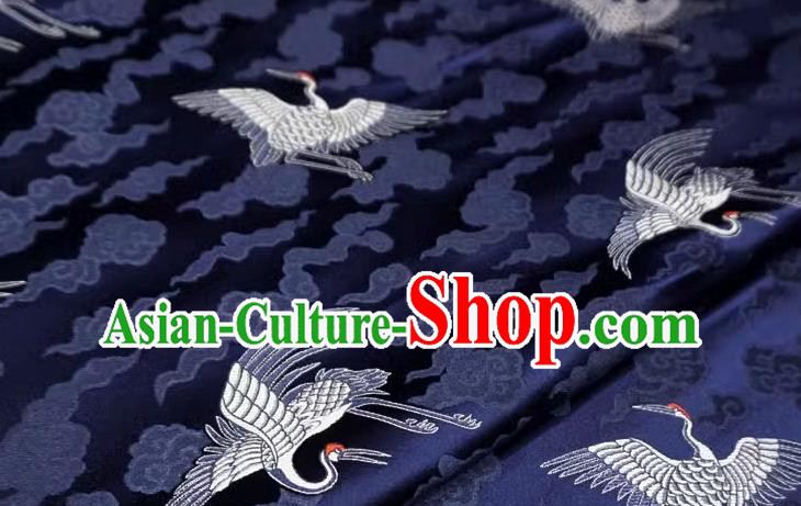Dark Blue China Traditional Design Brocade Fabric Tang Suit Cloth Classical Cranes Pattern Material