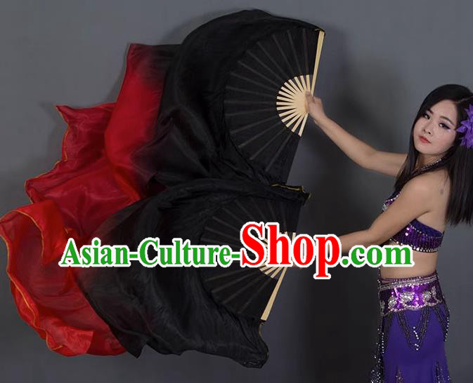Handmade Gradient Black to Red Pure Silk Fan Classical Dance Fan Top Belly Dance Long Ribbon Fan