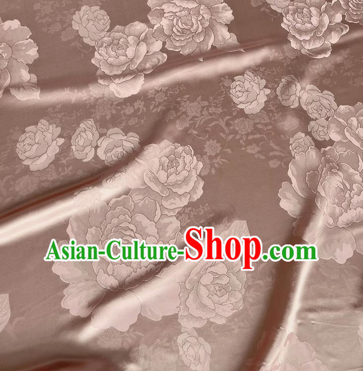 Cameo Brown China Cheongsam Satin Fabric Traditional Peony Design Jacquard Cloth Qipao Mulberry Silk Material