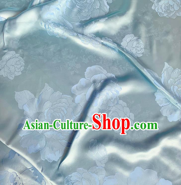 Light Blue China Cheongsam Mulberry Silk Material Jacquard Satin Fabric Traditional Peony Design Cloth