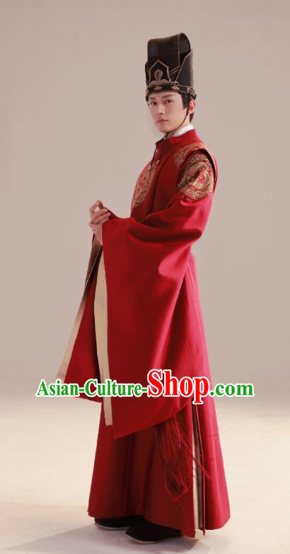 China Ancient Official Red Clothing TV Series Destined Chang Feng Du Luo Zi Shang Replica Garments Song Dynasty Scholar Costumes and Headdress