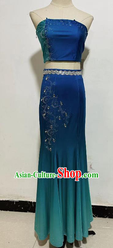 Professional Stage Performance Costume Dai Nationality Peacock Dance Blue Dress China Yunnan Ethnic Woman Dancing Clothing