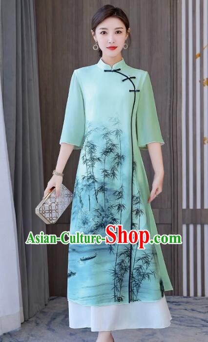 Chinese Style Printing Bamboo Qipao Retro Aodai Dress National Cheongsam Dress