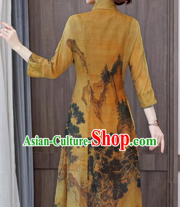 Chinese National Cheongsam Stand Collar Qipao Printing Aodai Dress