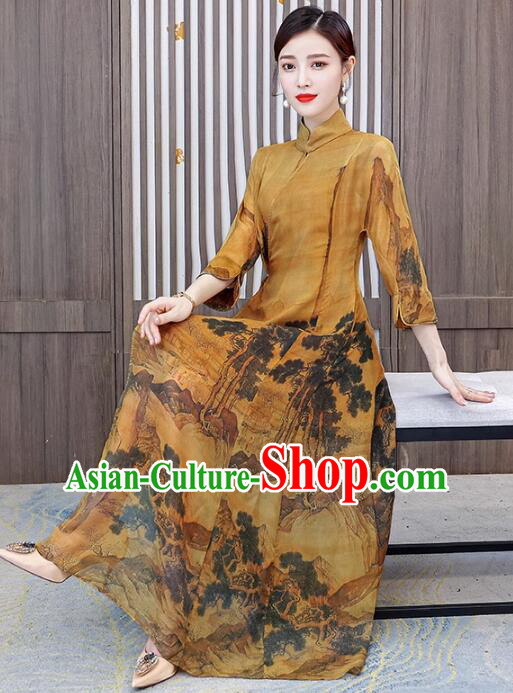 Chinese National Cheongsam Stand Collar Qipao Printing Aodai Dress