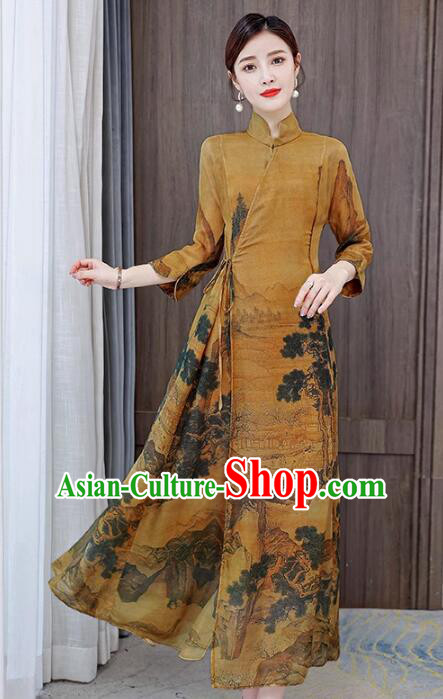 Chinese National Cheongsam Stand Collar Qipao Printing Aodai Dress