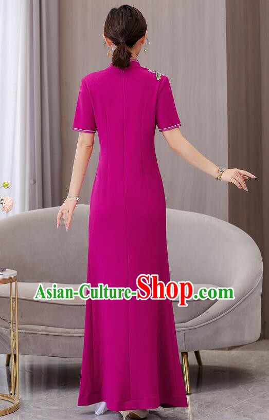 Chinese Embroidered Peony Aodai Dress National Clothing Long Cheongsam Modern Fancywork Megenta Qipao