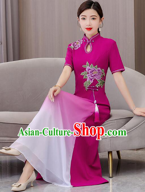 Chinese Embroidered Peony Aodai Dress National Clothing Long Cheongsam Modern Fancywork Megenta Qipao