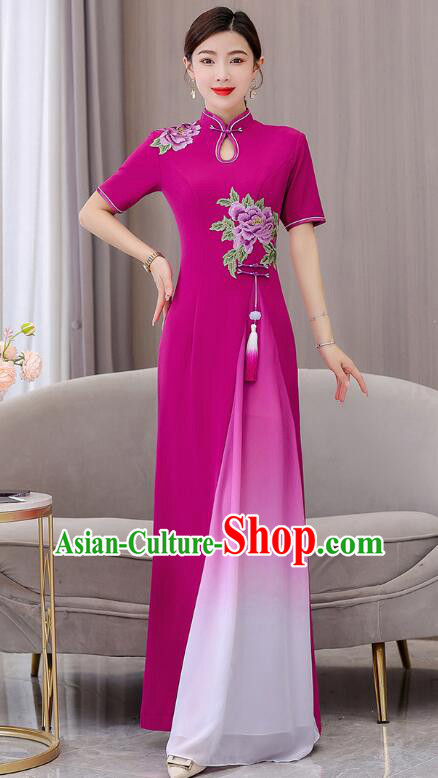 Chinese Embroidered Peony Aodai Dress National Clothing Long Cheongsam Modern Fancywork Megenta Qipao