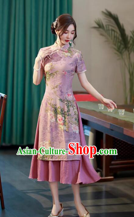 Chinese Classical Lilac Qipao Printing Aodai Dress National Clothing Cheongsam