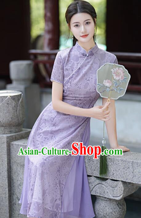 Chinese Summer Purple Cheongsam Classical Qipao Aodai Dress National Clothing