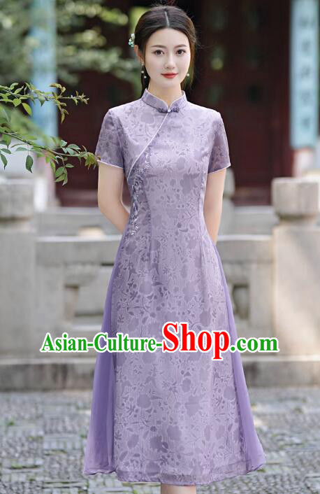 Chinese Summer Purple Cheongsam Classical Qipao Aodai Dress National Clothing