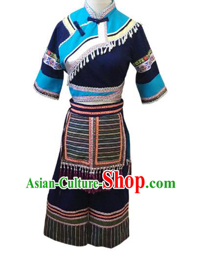 China Zhuang Nationality Folk Dance Navy Outfit Women Group Stage Performance Costume Ethnic Dance Clothing