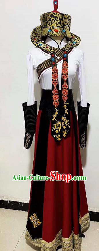 China Mongolian Woman Stage Performance Costume and Headwear Mongol Nationality Dance Clothing Taoli Cup Dance Competition Dress