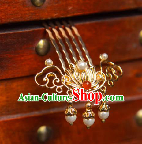 China Handmade Tang Dynasty Golden Lotus Headpieces Hanfu Hair Jewelry Ancient Empress Hair Comb