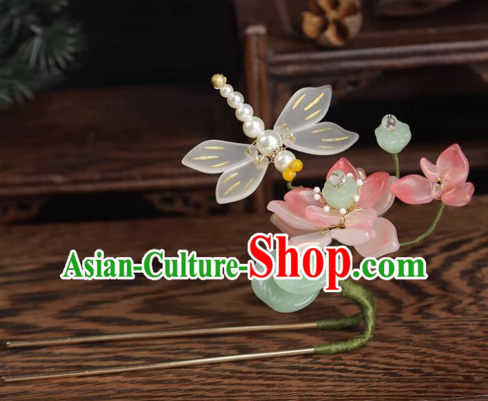 China Ancient Princess Hair Jewelry Handmade Song Dynasty Lotus Dragonfly Hairpin Hanfu Hair Stick