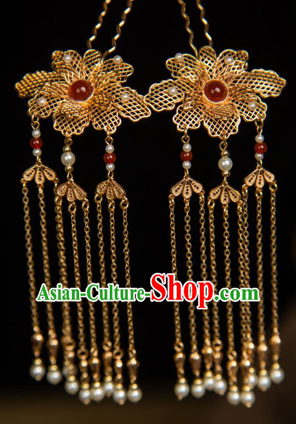 China Hanfu Hair Jewelries Ancient Empress Tassel Hairpins Handmade Tang Dynasty Golden Lotus Headpieces