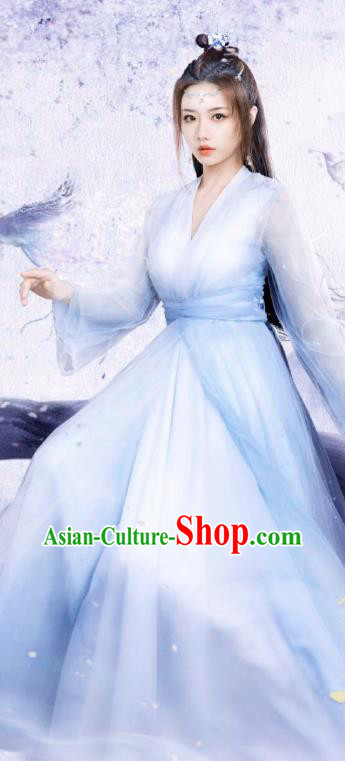 China Ancient Princess Clothing Romantic TV Series Miss The Dragon Qing Qing Blue Dress Fairy Costumes