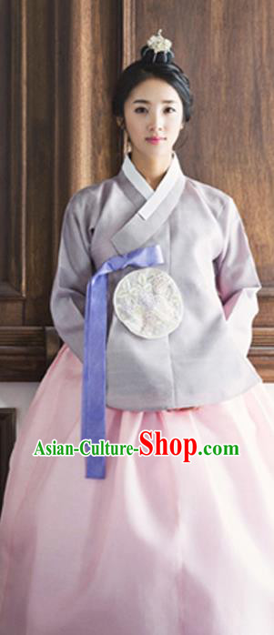 Handmade Court Hanbok Grey Top and Pink Dress Traditional Couple Costumes Korean Ancient Bride Clothing Complete Set