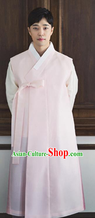Korean Traditional Costumes Ancient Groom Clothing Handmade Male Hanbok Pink Vest White Top and Grey Pants Complete Set