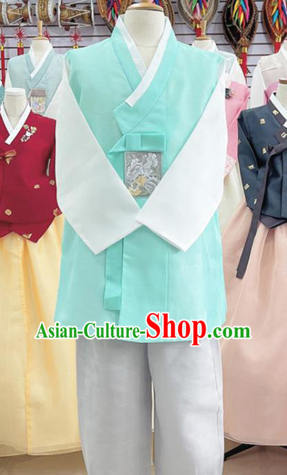 Korean Traditional Stage Performance Costumes Handmade Male Hanbok Ancient Groom Light Green Outfit Clothing Complete Set