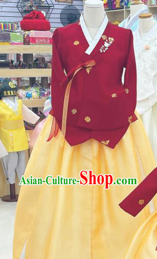 Korean Traditional Stage Performance Costumes Handmade Woman Hanbok Court Mother Outfit Red Shirt and Yellow Dress Complete Set