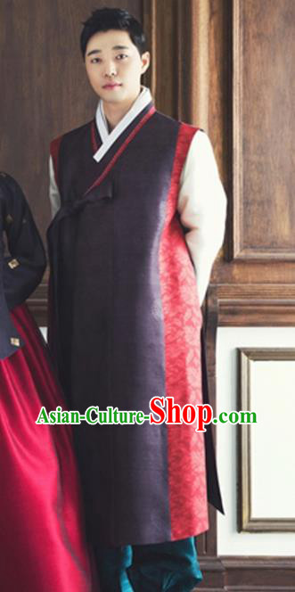Traditional Male Costumes Korean Ancient Groom Clothing Handmade Court Hanbok Brown Vest White Top and Green Pants Complete Set