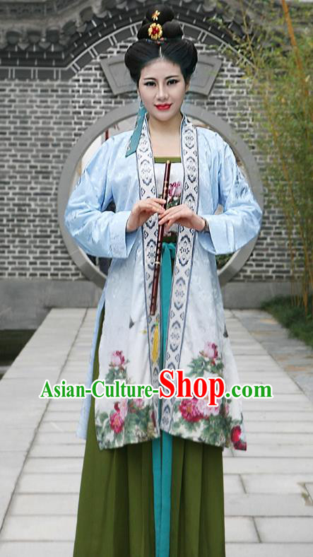 China Traditional Hanfu Blue Beizi and Green Skirt Ming Dynasty Young Woman Costumes Ancient Noble Mistress Clothing
