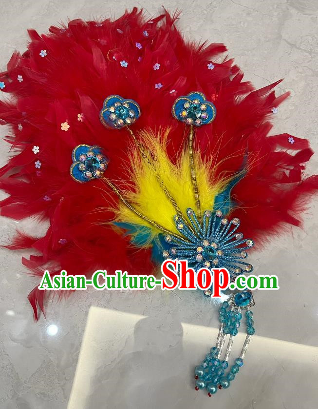 Red Big Yangko Crested Head Wearing A Flower Crown With Thicker Feathers And Multi Purpose Peacock Feather Square Dance Hairpin