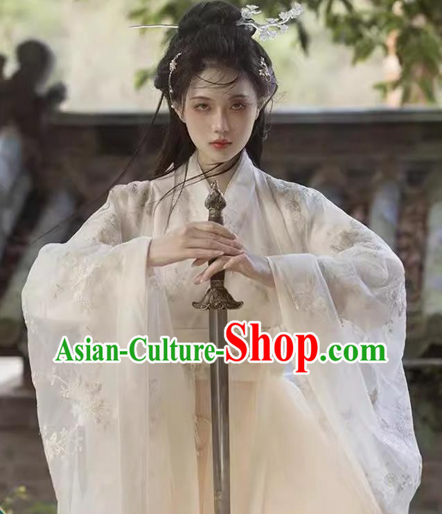 Ancient Chinese Young Lady Dress Costumes Beige Hanfu Jin Dynasty Swordswoman Dresses